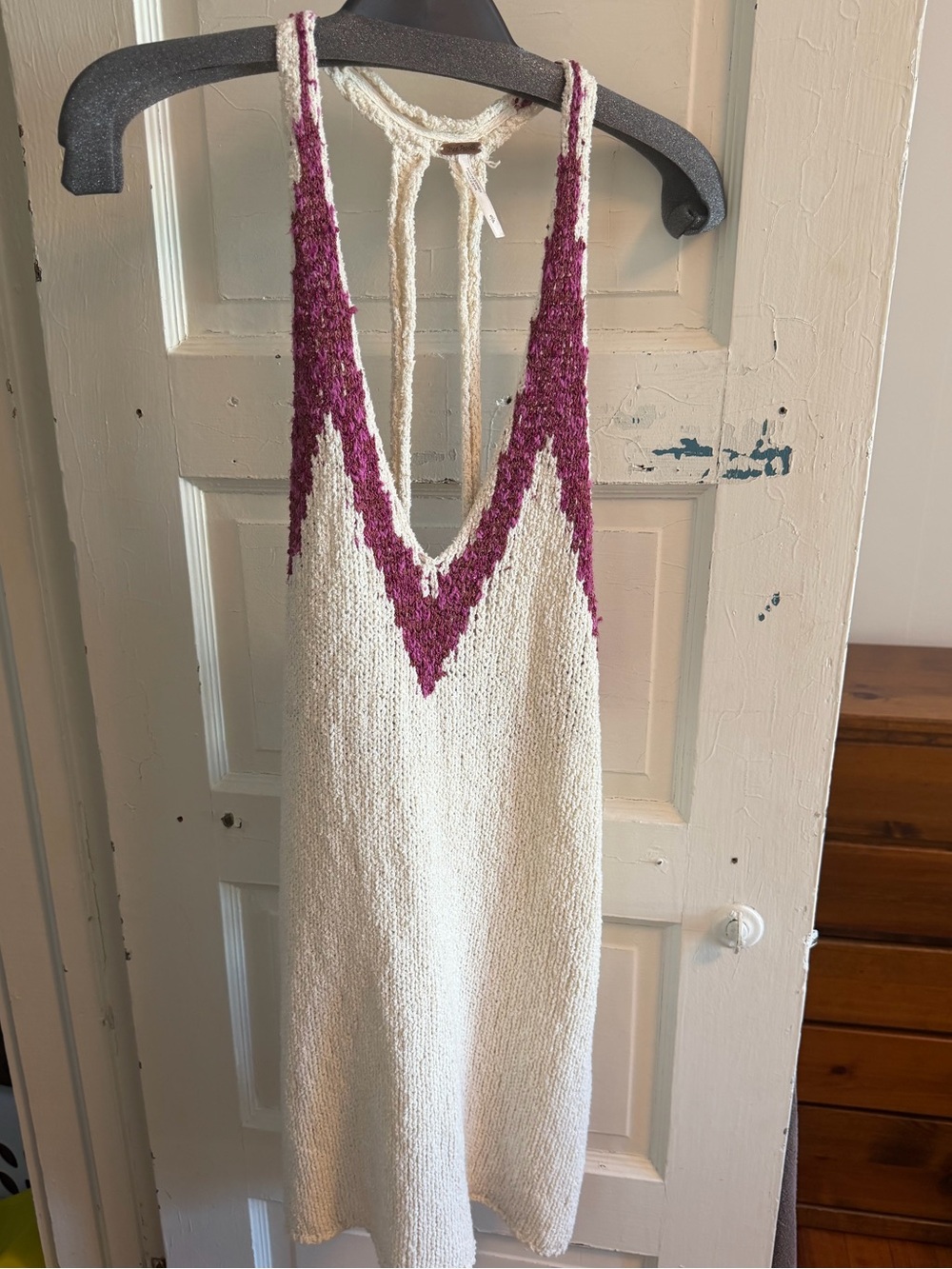 Free People Cream Knit Halter Slip with Berry V-Detail
